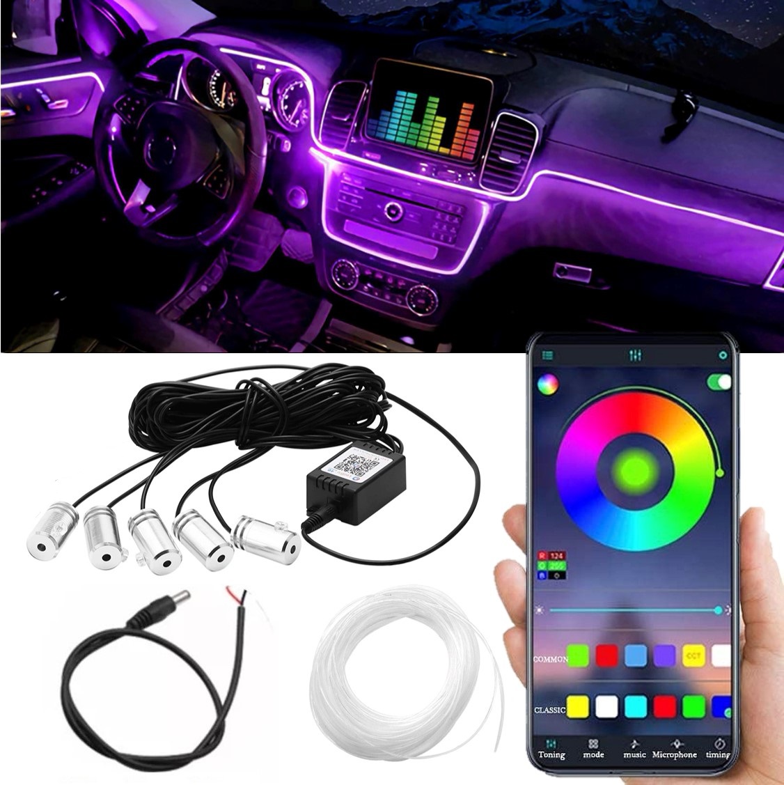 Výprodej - ambientní LED RGB osvětlení do auta, iOS a Android s Bluetooth, 6m, 12V