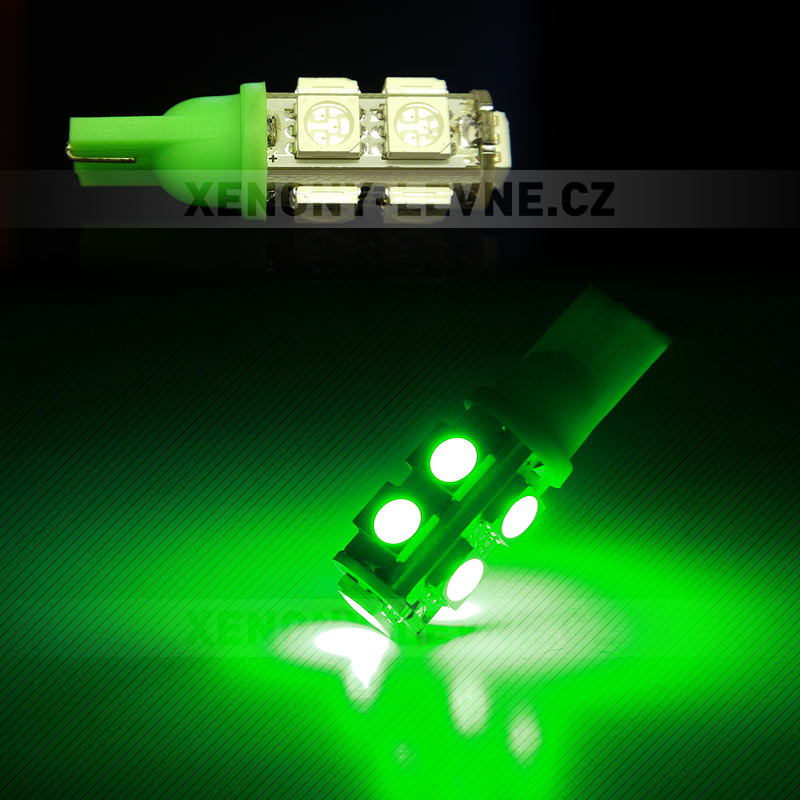 LED T10 - 9 x LED SMD ZELENÉ - bezpaticové, 1ks