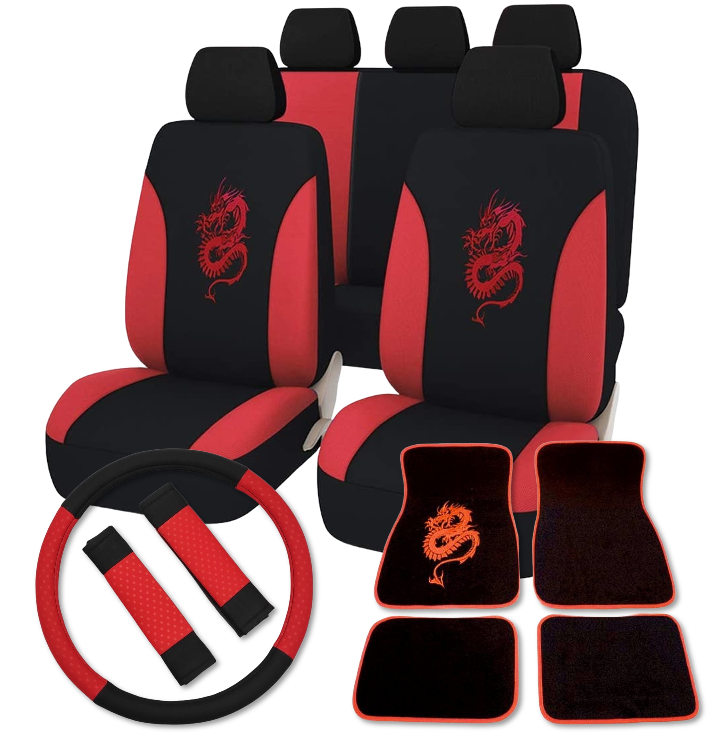 Autopotahy do auta Drak, červený + potah volantu s návleky na bezpečnostní pásy + textilní koberce