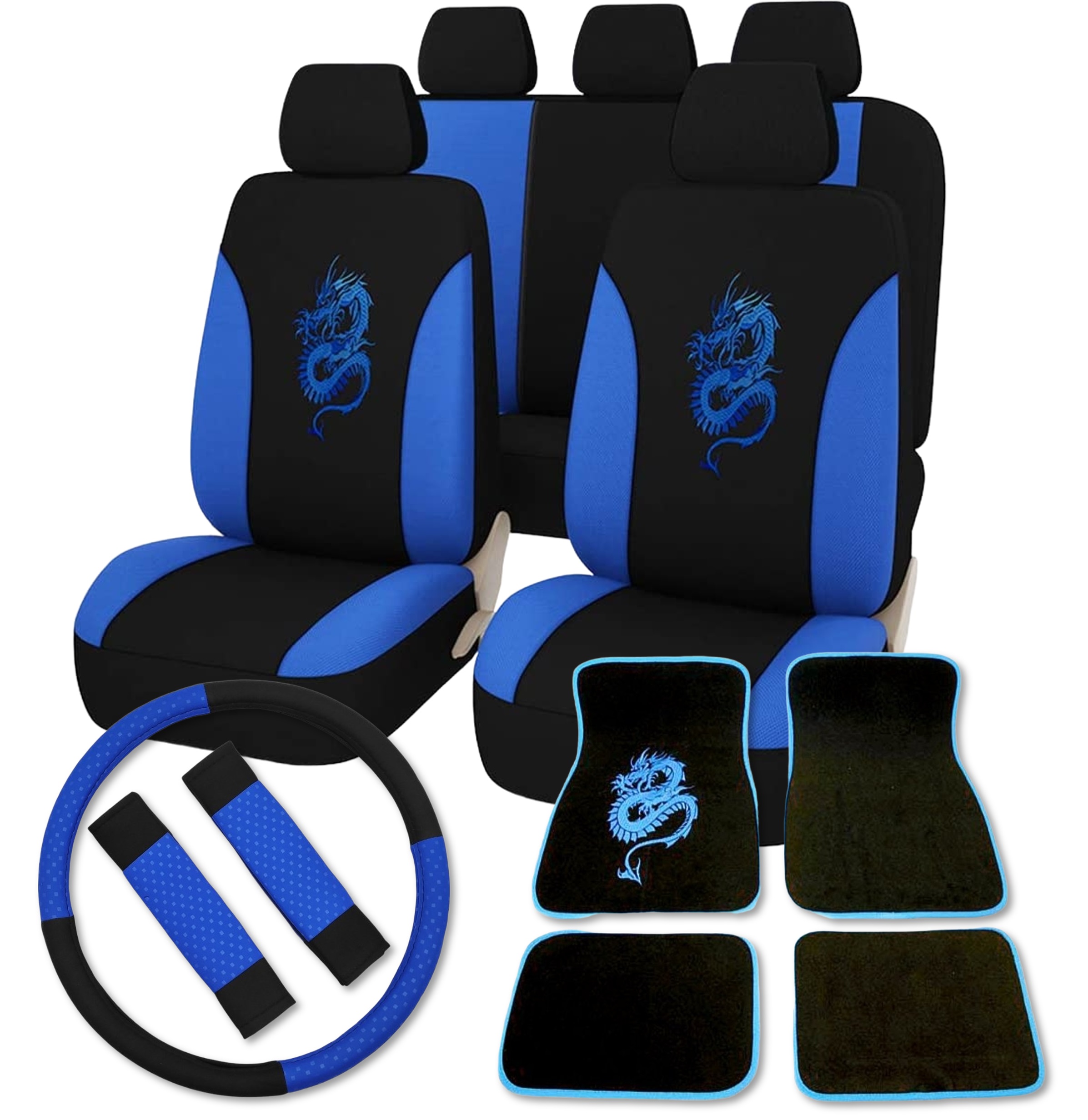 Autopotahy do auta Drak, modrý + potah volantu s návleky na bezpečnostní pásy + textilní koberce