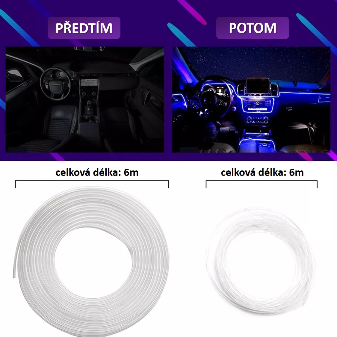 Výprodej - ambientní LED RGB osvětlení do auta, iOS a Android s Bluetooth, 6m, 12V